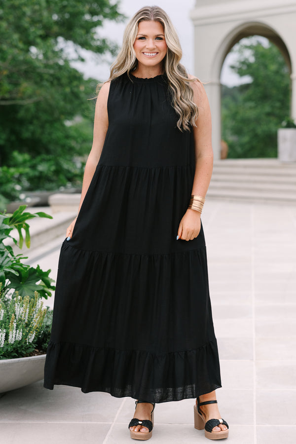 Chic Soul plus size clothing, sleeveless black tiered maxi dress with rufflled high neckline