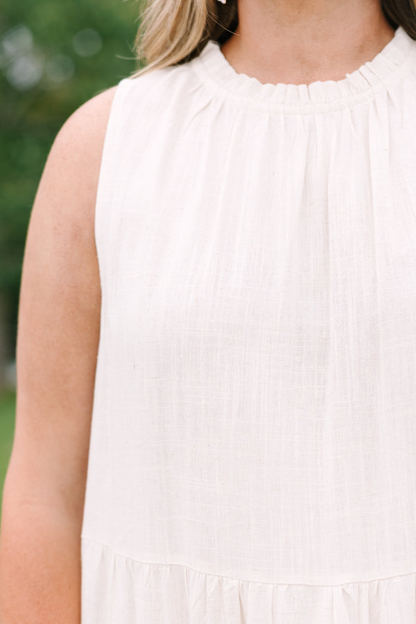 Chic Soul Plus Size Clothing, an oatmeal maxi-dress with four tiers and a ruffle detail at the collar and bow at back neck