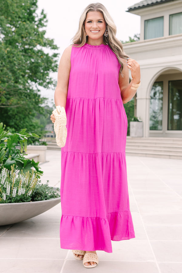Chic Soul plus size clothing, sleeveless hot pink tiered maxi dress with rufflled high neckline