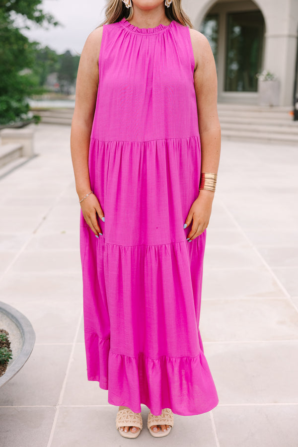Chic Soul plus size clothing, sleeveless hot pink tiered maxi dress with rufflled high neckline