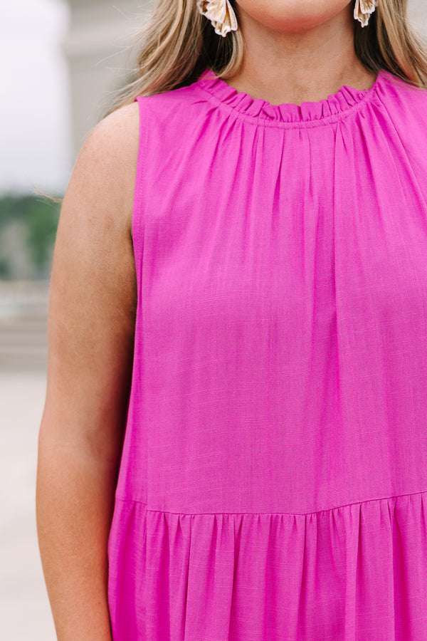 Chic Soul plus size clothing, sleeveless hot pink tiered maxi dress with rufflled high neckline