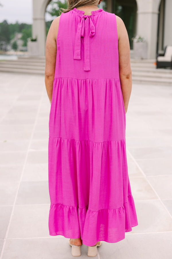 Chic Soul plus size clothing, sleeveless hot pink tiered maxi dress with rufflled high neckline