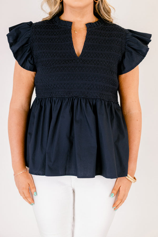 Chic Soul plus size clothing, navy blue flutter short sleeve babydoll top with cinched top portion