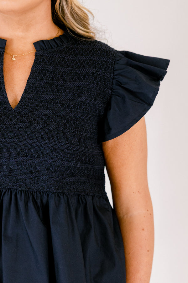 Chic Soul plus size clothing, navy blue flutter short sleeve babydoll top with cinched top portion