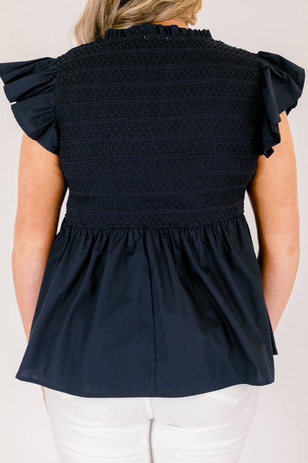 Chic Soul plus size clothing, navy blue flutter short sleeve babydoll top with cinched top portion