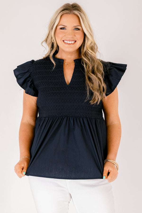 Chic Soul plus size clothing, navy blue flutter short sleeve babydoll top with cinched top portion