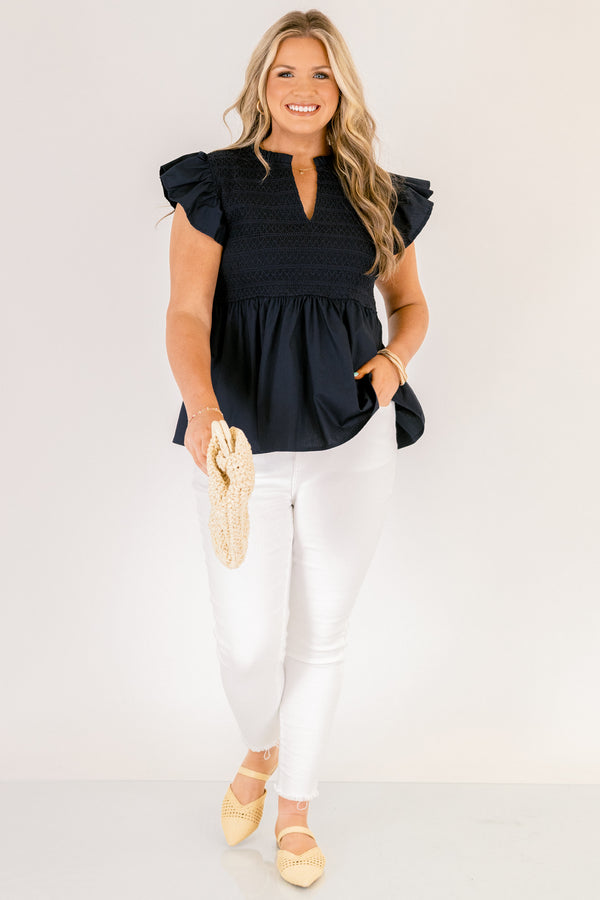Chic Soul plus size clothing, navy blue flutter short sleeve babydoll top with cinched top portion