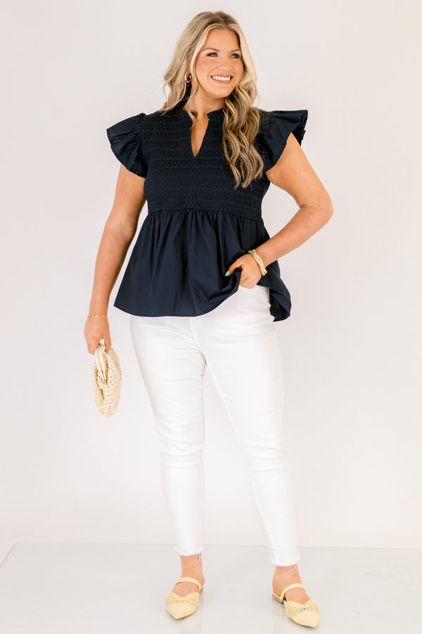 Chic Soul plus size clothing, navy blue flutter short sleeve babydoll top with cinched top portion