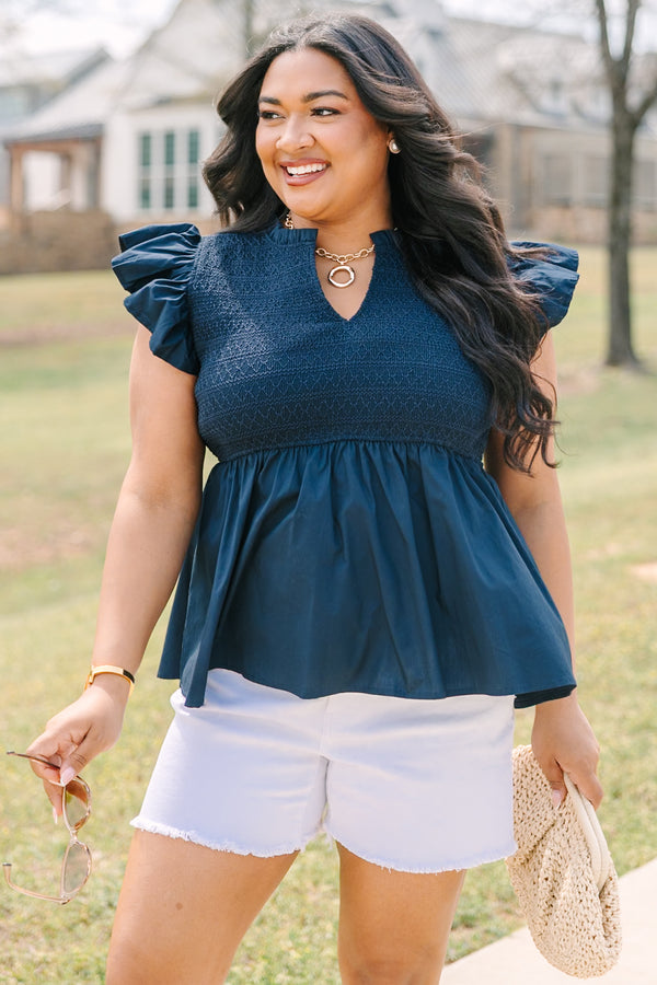 Chic Soul plus size clothing, navy blue flutter short sleeve babydoll top with cinched top portion