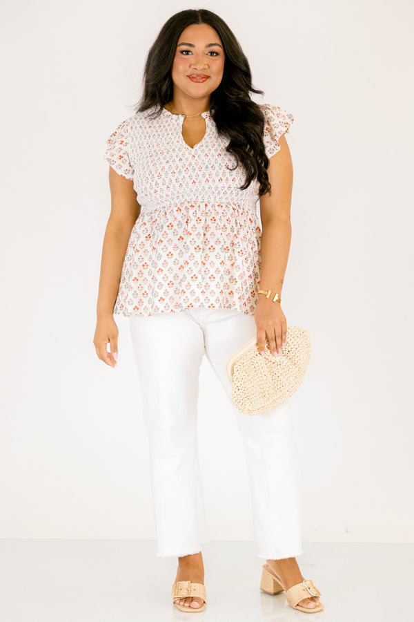Chic Soul plus size clothing, white short flutter sleeve baby doll top with orange and light pink small abstract floral design and v-neckline