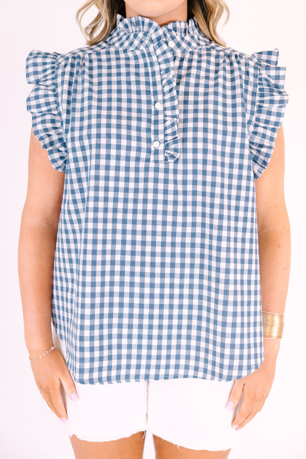 Chic Soul plus size clothing, blue gingham short sleeve top with ruffle sleeves and neckline