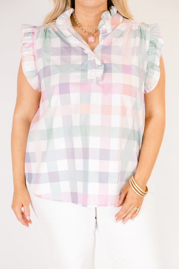 Chic Soul plus size clothing, white top with flutter sleeves and ruddle details going around the v-neckline as well as a pastel faded gingham pattern throughout 