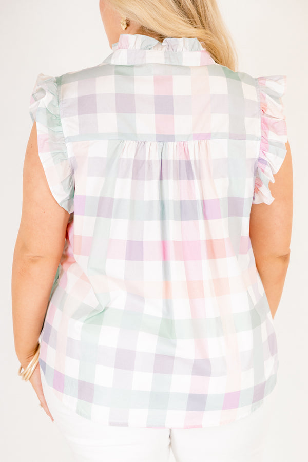 Chic Soul plus size clothing, white top with flutter sleeves and ruddle details going around the v-neckline as well as a pastel faded gingham pattern throughout 