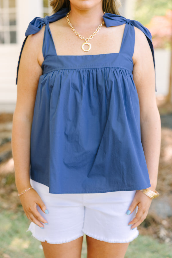 Chic Soul plus size clothing, navy blue tank top with straps that are tied at the top of the shoulder