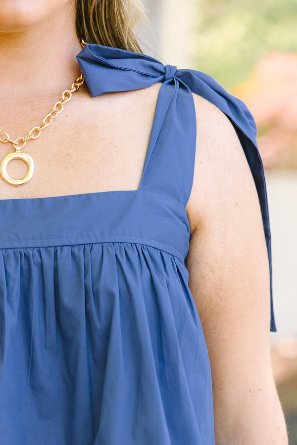 Chic Soul plus size clothing, navy blue tank top with straps that are tied at the top of the shoulder
