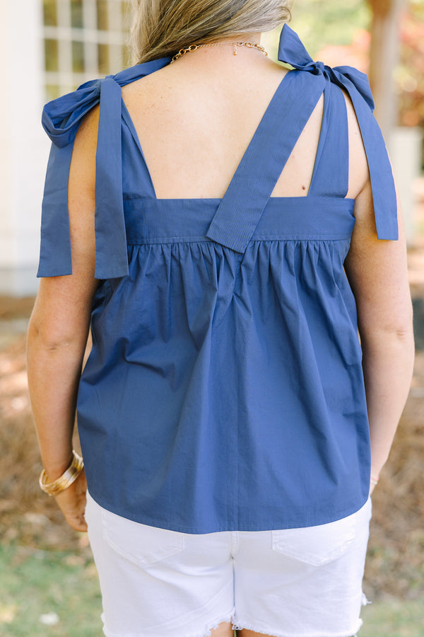 Chic Soul plus size clothing, navy blue tank top with straps that are tied at the top of the shoulder