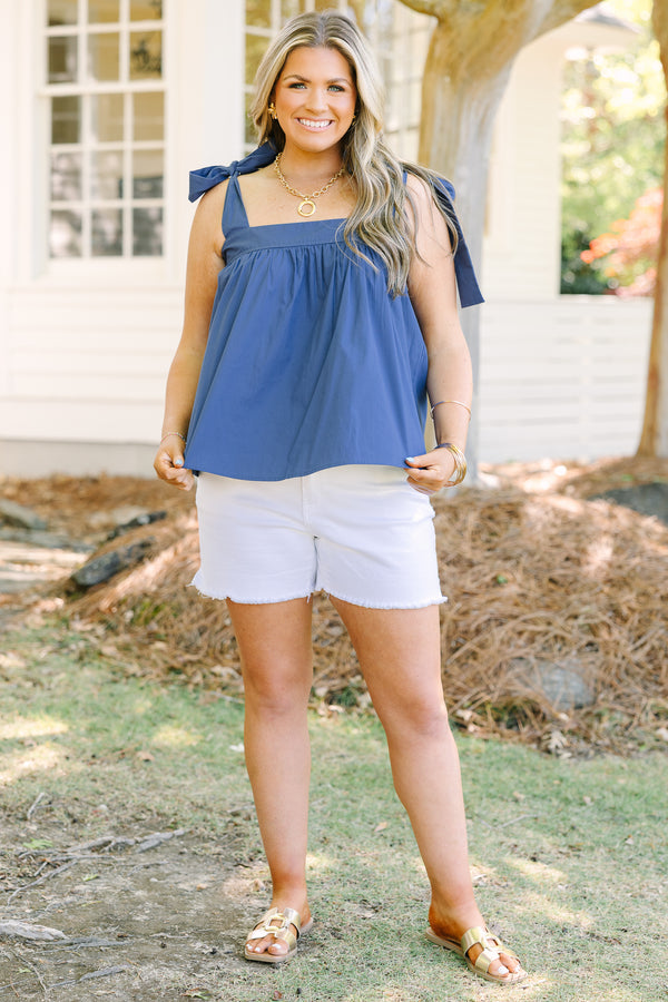 Chic Soul plus size clothing, navy blue tank top with straps that are tied at the top of the shoulder