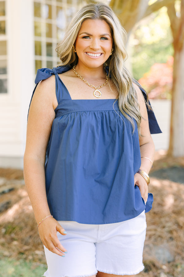 Chic Soul plus size clothing, navy blue tank top with straps that are tied at the top of the shoulder