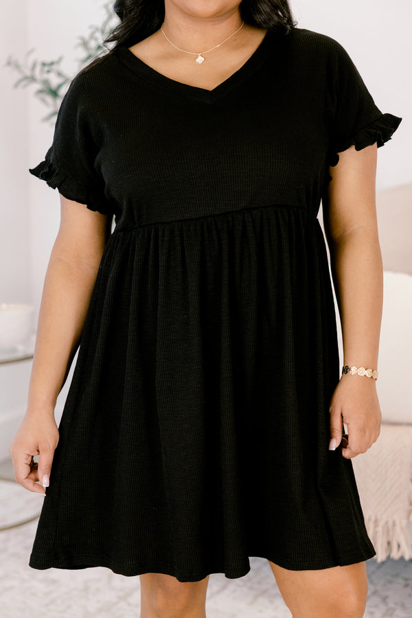 Chic Soul plus size clothing, black ruffle short sleeve babydoll short dress with v-neckline