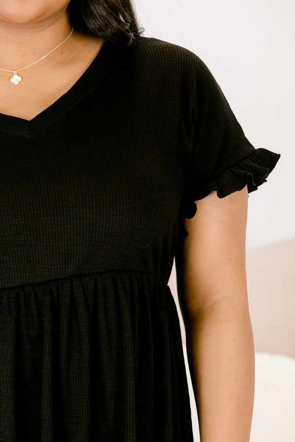 Chic Soul plus size clothing, black ruffle short sleeve babydoll short dress with v-neckline