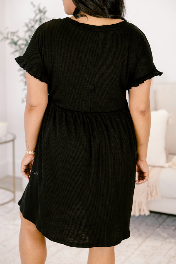 Chic Soul plus size clothing, black ruffle short sleeve babydoll short dress with v-neckline