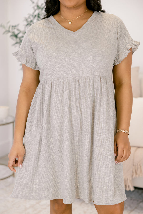 Chic Soul plus size clothing, grey v-neckline babydoll short dress with flutter short sleeves