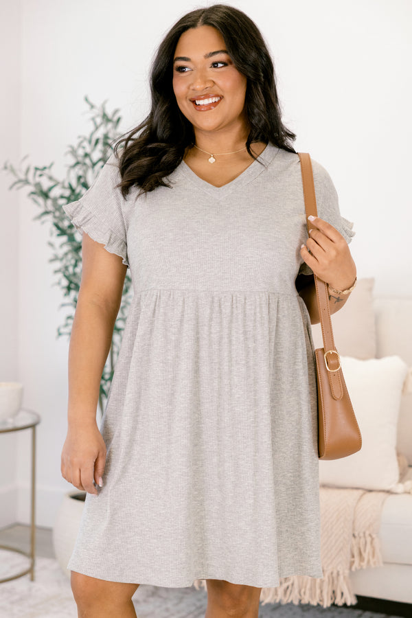 Chic Soul plus size clothing, grey v-neckline babydoll short dress with flutter short sleeves