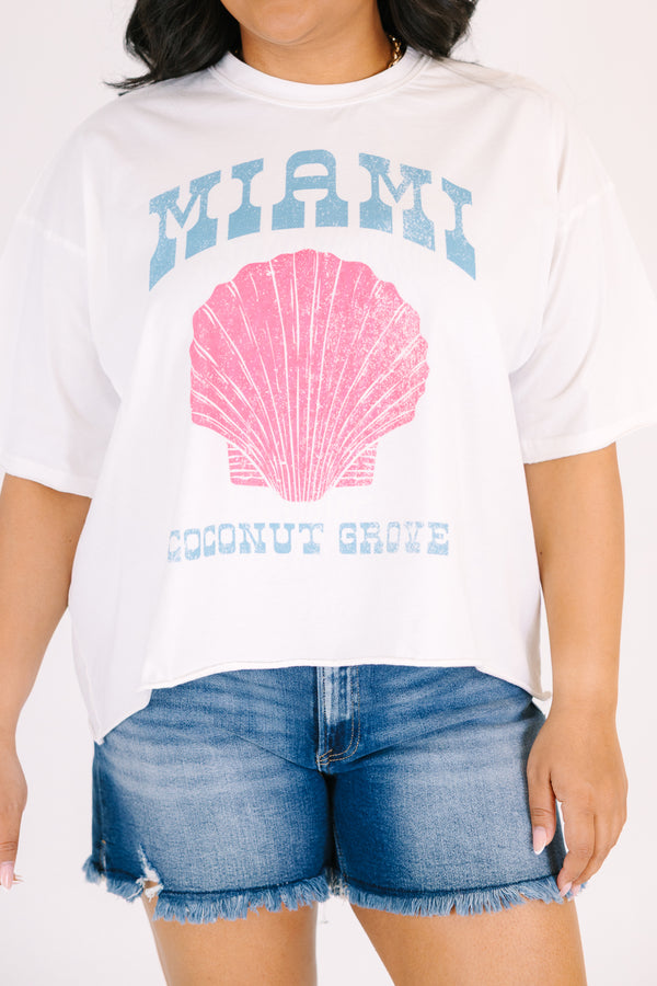 Plus size white vintage wash cotton tee with a pink seashell graphic and unfinished hems.