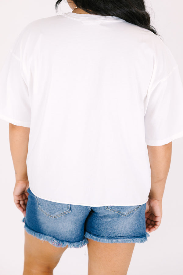 Plus size white vintage wash cotton tee with a pink seashell graphic and unfinished hems.