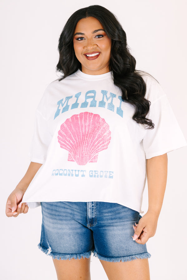 Plus size white vintage wash cotton tee with a pink seashell graphic and unfinished hems.
