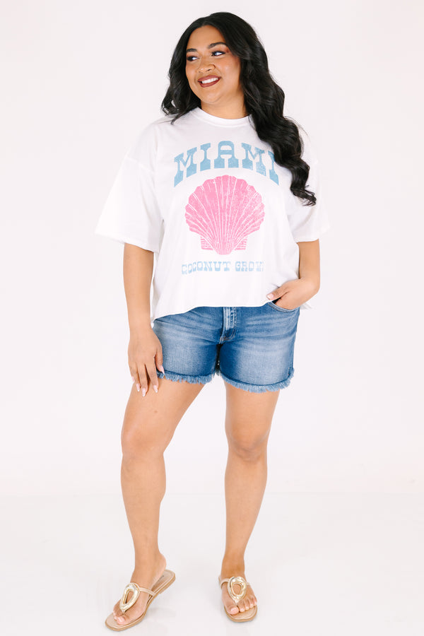 Plus size white vintage wash cotton tee with a pink seashell graphic and unfinished hems.