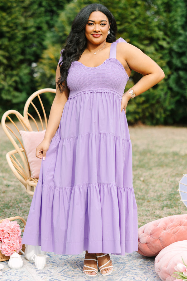Chic Soul plus size clothing, light purple tiered maxi dress with ribbon tie sleeves