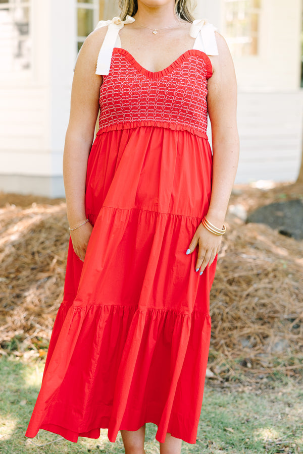 Chic Soul plus size clothing, red sleeveless maxi dress with tiered detail with smocked top with scoop neckline with tie strap detail 