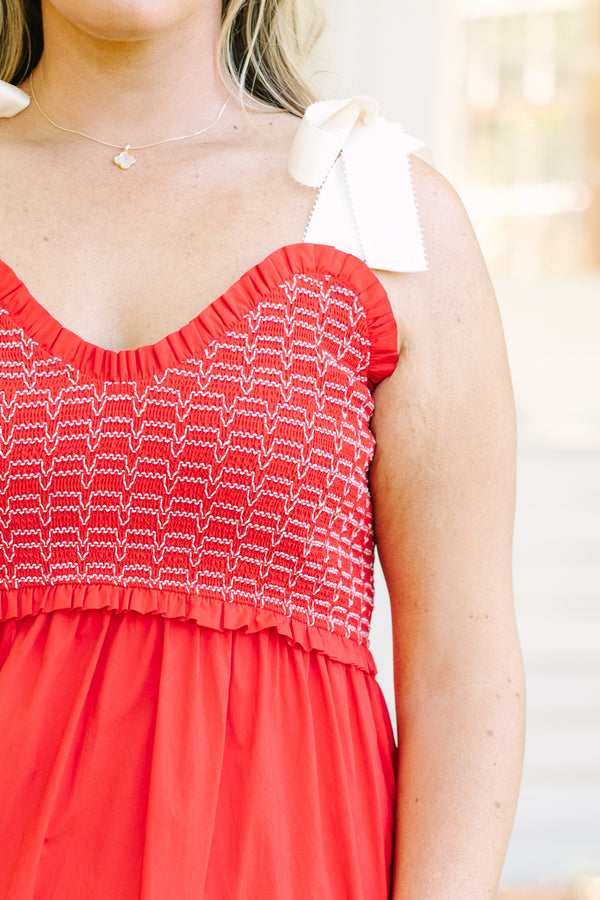 Chic Soul plus size clothing, red sleeveless maxi dress with tiered detail with smocked top with scoop neckline with tie strap detail 