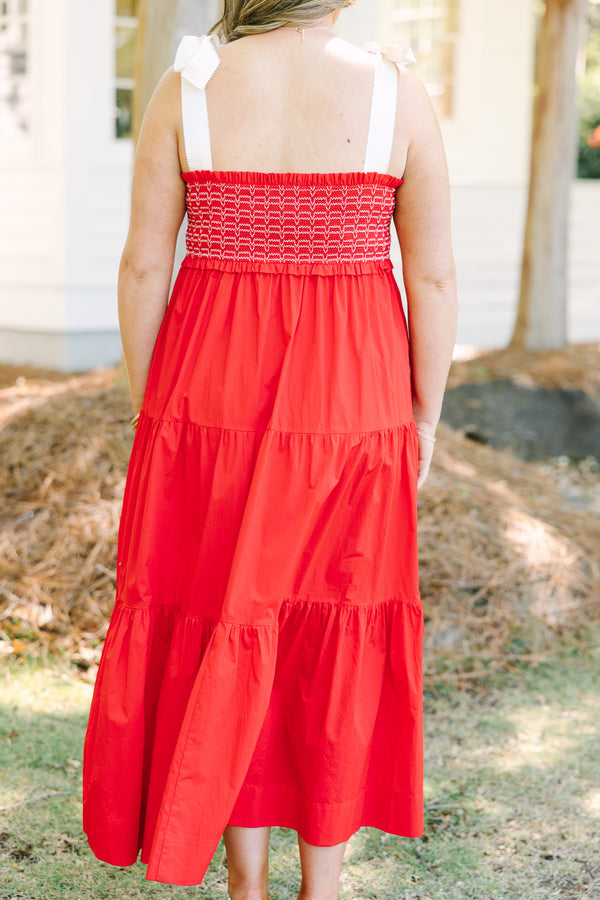 Chic Soul plus size clothing, red sleeveless maxi dress with tiered detail with smocked top with scoop neckline with tie strap detail 