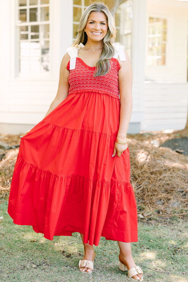 Chic Soul plus size clothing, red sleeveless maxi dress with tiered detail with smocked top with scoop neckline with tie strap detail 