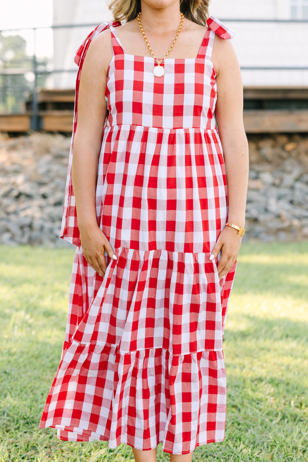 Plus Size red and white gingham tiered maxi dress with a square neckline and shoulder ties.