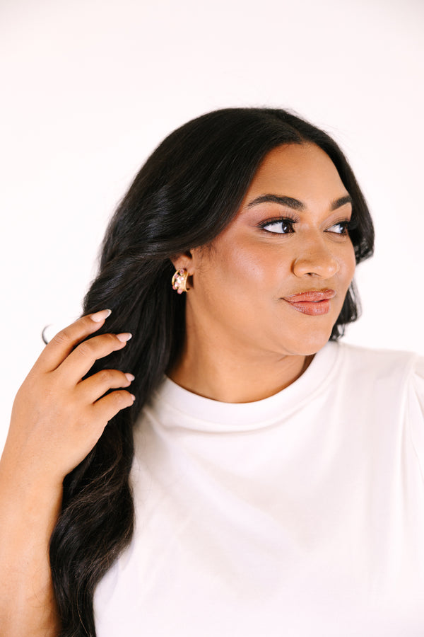 Chic Soul plus size clothing, chunky gold cuff like earring with scattered pink gemstones 