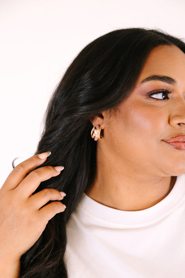 Chic Soul plus size clothing, chunky gold cuff like earring with scattered pink gemstones 