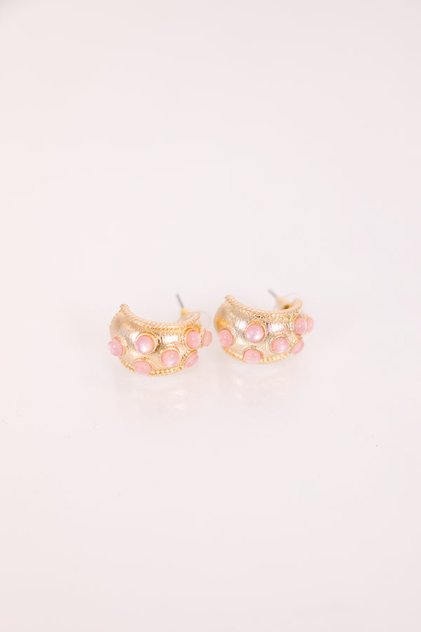 Chic Soul plus size clothing, chunky gold cuff like earring with scattered pink gemstones 