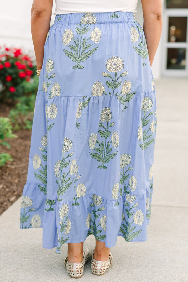 Plus Size blue floral cotton maxi skirt with a tiered design and white flower block print.