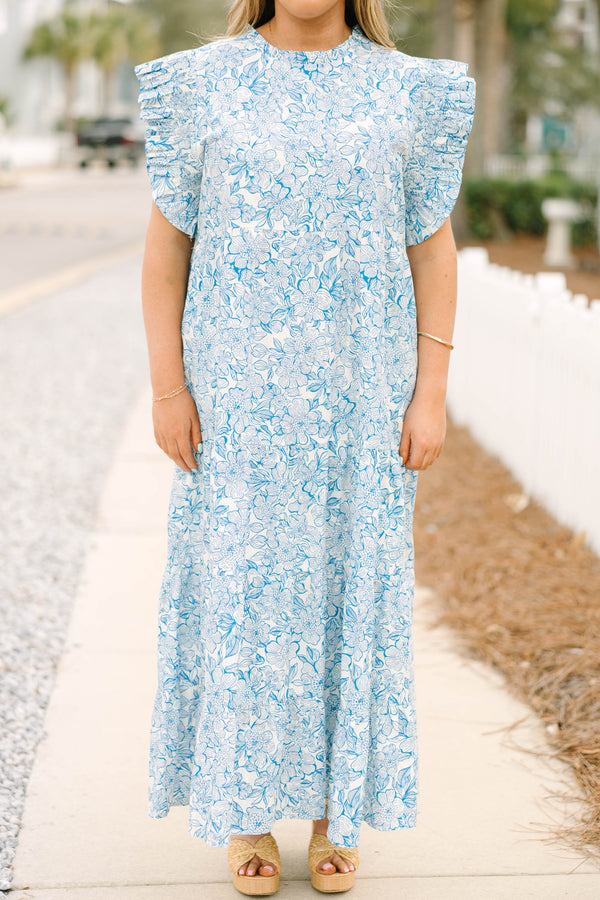 Chic Soul plus size clothing, blue and white floral patterned tiered flowy maxi dress with flutter ruffle cap sleeves