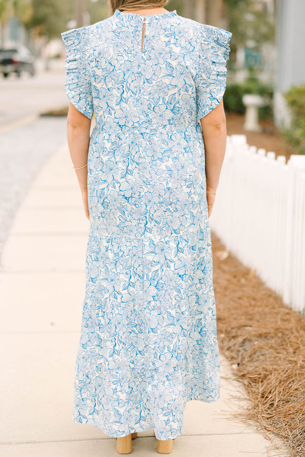 Chic Soul plus size clothing, blue and white floral patterned tiered flowy maxi dress with flutter ruffle cap sleeves