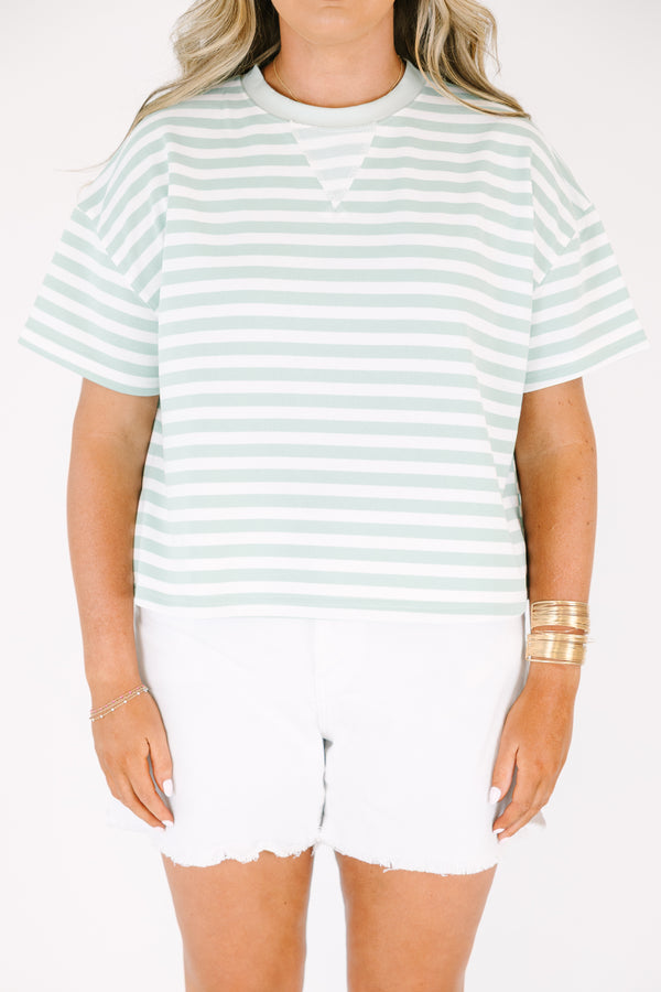 Plus Size sage and white horizontal striped short sleeve top with a ribbed crew neckline.