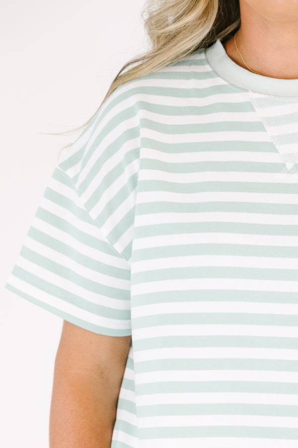 Plus Size sage and white horizontal striped short sleeve top with a ribbed crew neckline.
