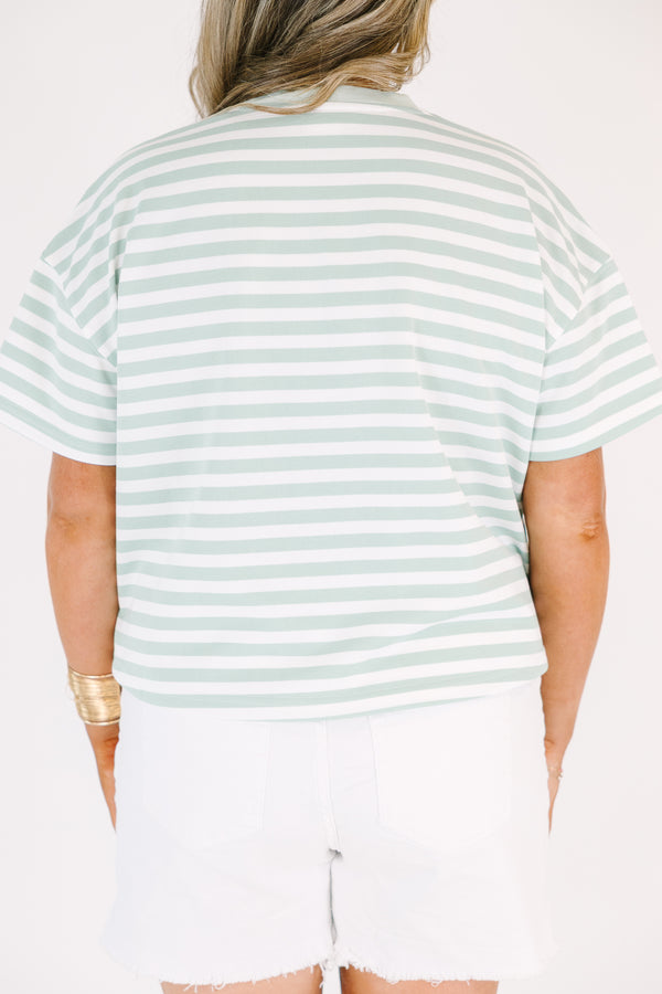 Plus Size sage and white horizontal striped short sleeve top with a ribbed crew neckline.