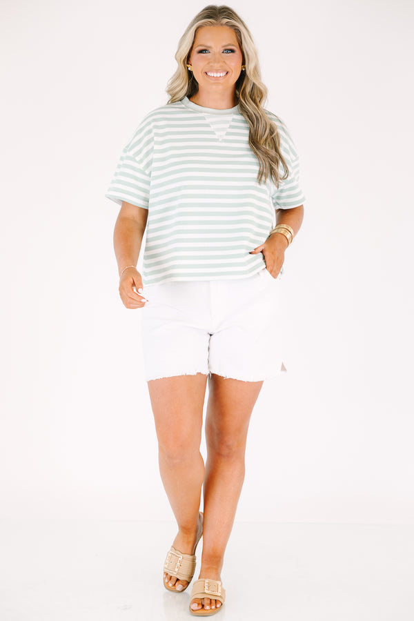 Plus Size sage and white horizontal striped short sleeve top with a ribbed crew neckline.
