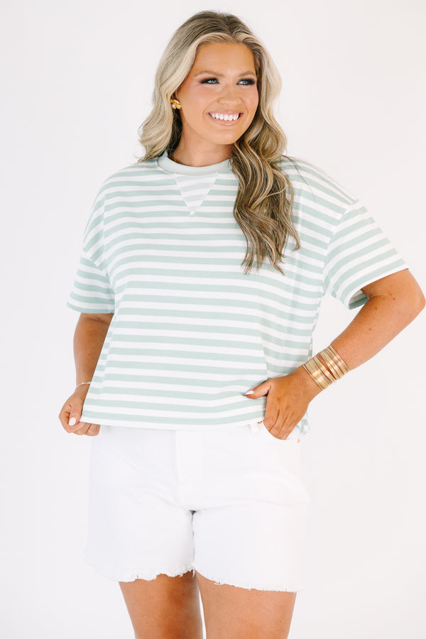 Plus Size sage and white horizontal striped short sleeve top with a ribbed crew neckline.