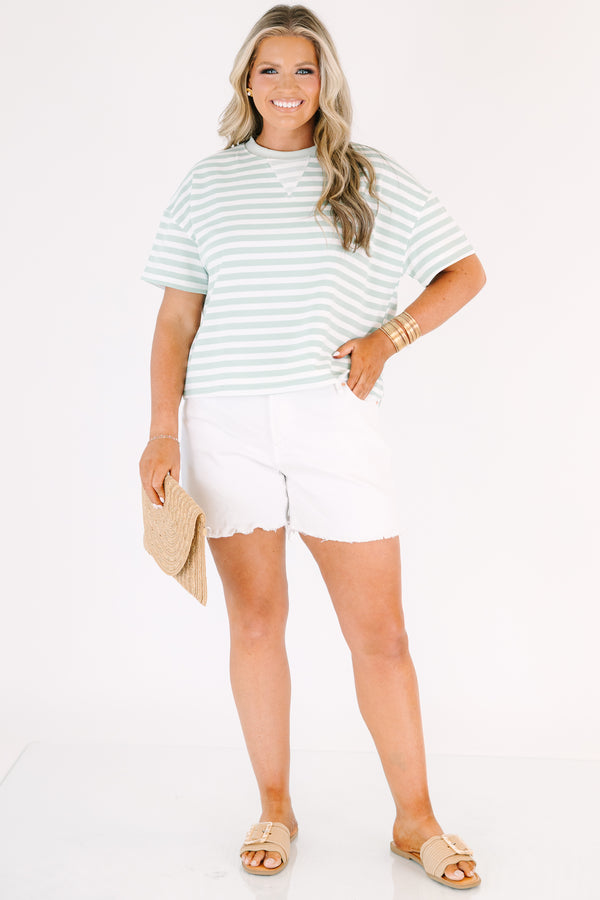 Plus Size sage and white horizontal striped short sleeve top with a ribbed crew neckline.