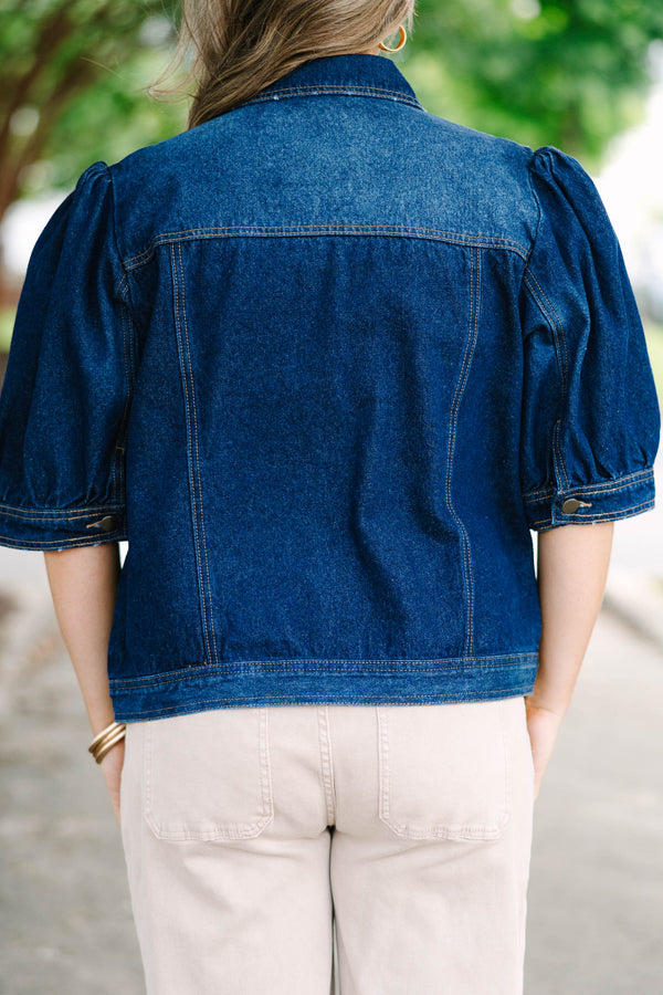 Plus Size dark wash denim jacket with puff short sleeves, button front, and chest pockets.